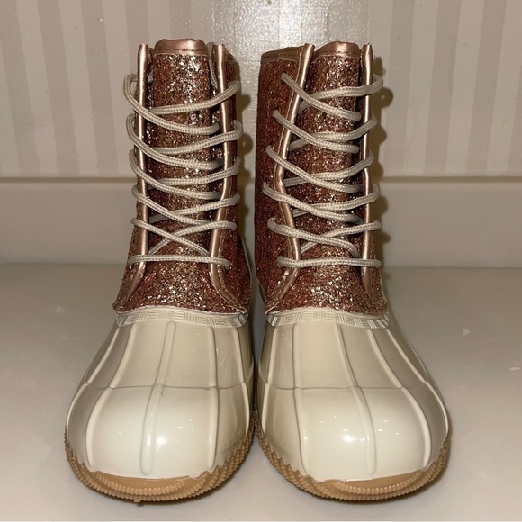 Sugar “Skipper” Rose Gold Glitter Lace Up Rain Snow Duck Boots - Picture 7 of 16